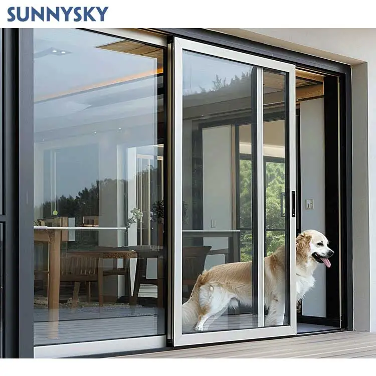 Sunnysky High Quality Contemporary Modern Double Glazed Patio Glass Sliding Doors Steel Folding Balcony Stacker Interior Door