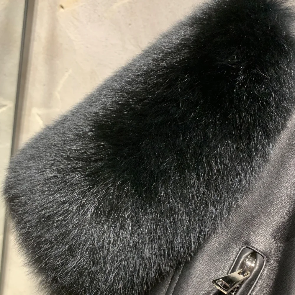 Crocodile texture fox fur jackets motorbike jacket women fur cropped sleeve leather clothing