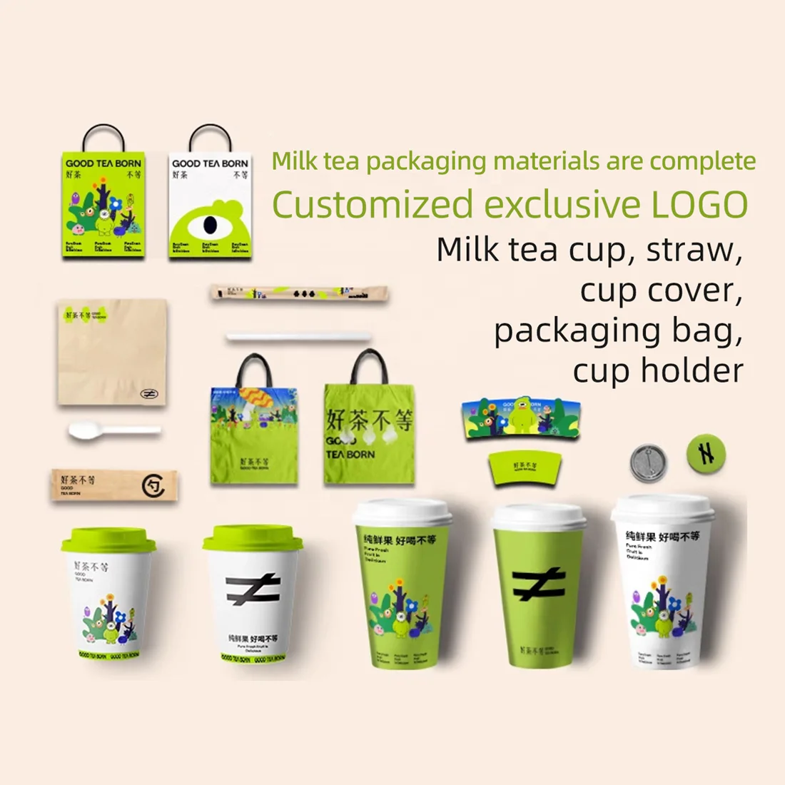 Custom Print 500ml 700ml Paper Cup With Cover Straw Doggy Bag Cup Holder Hot Drink Coffee Boba Bubble Milk Tea Cup Disposable