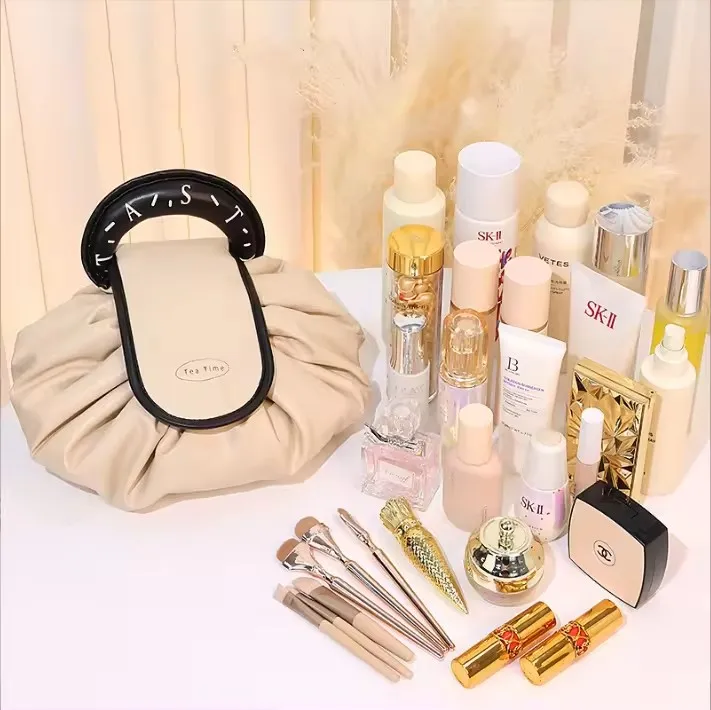 OEM ODM Barrel Drawstring PU Makeup Bag Large Portable Roomy Cosmetic Bag Make up Bags Travel Toiletry Organizer for Women