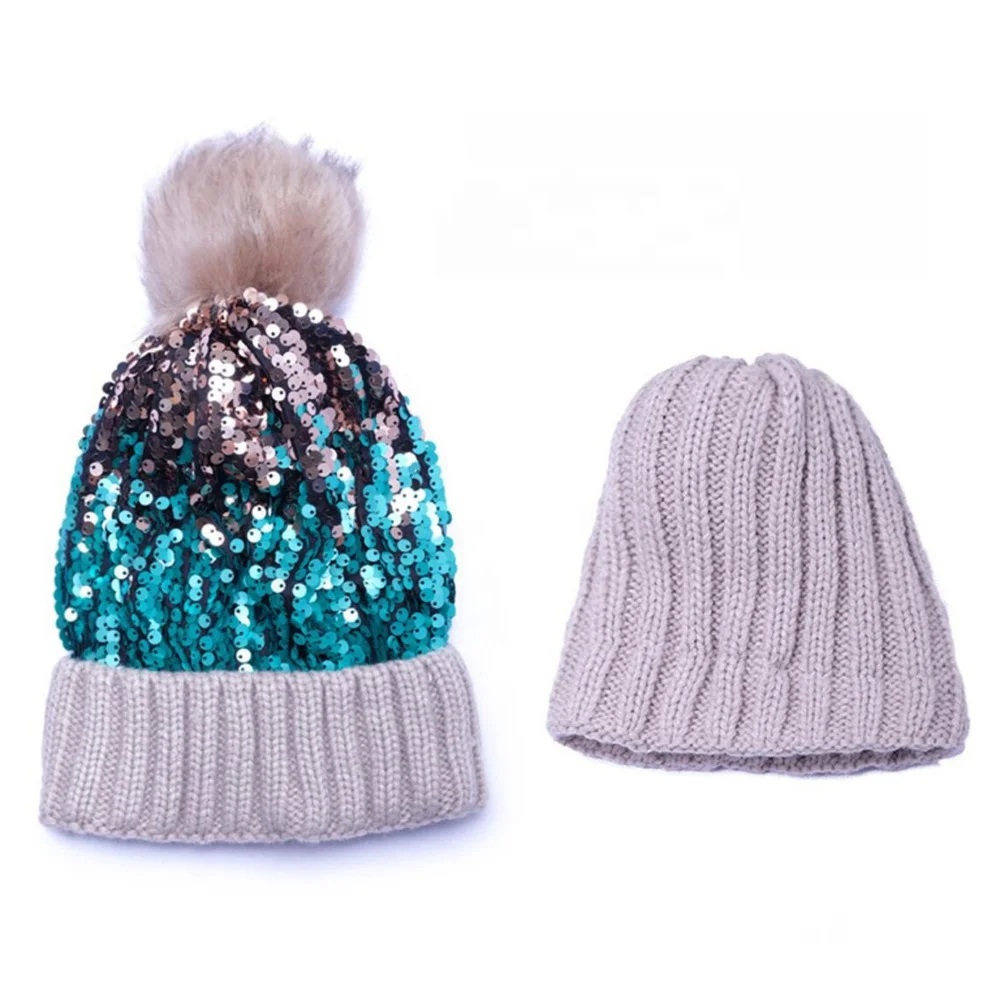 Custom Womens Beanie Hat Spangle Bling Knit Winter Beanie Women Pom Pom Bobble Hat Winter Hats For Women Beanie