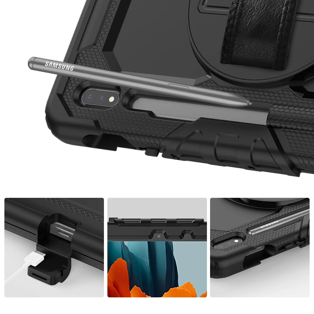  Вращающийся на 360 градусов экологичный противоударный защитный чехол с ремешком и подставкой силиконовый для планшета Samsung Galaxy Tab S7 T870 T875