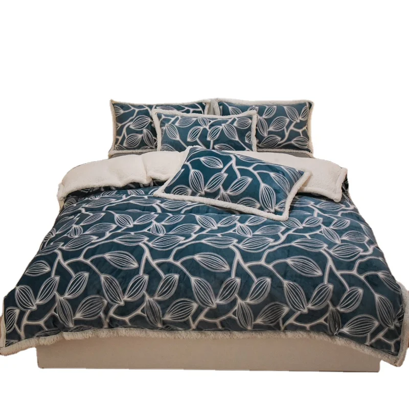 Thick Warm Bedding Set Sherpa Milk Velvet Crystal Coral Fleece Double-Sided Bed Sheet Quilt Cover Pillow Case Bedding Set