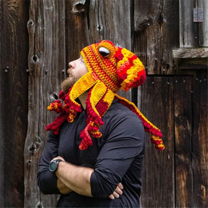 Cartoon Octopus Viking Beard Gift Hats, Cute Novelty Hats For Winter Warm Skiing Biking/