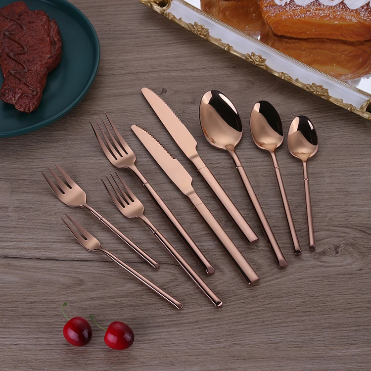 Reusable Wholesale Copper Cutlery Rose Gold Shiny Bronze Stainless Steel Flatware Sets