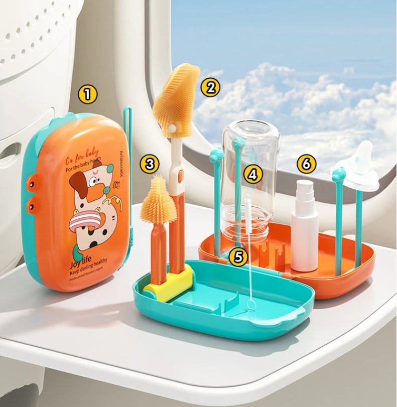 6-in-1 Baby Silicone Pacifier Bottle Cleaner Brush BPA FREE Cleaner Travel Baby Bottle Cleaning kit with drain rack