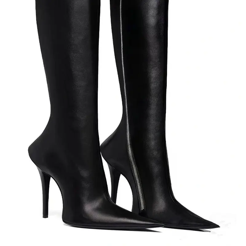 Xinzirain Custom Design Large Size Strange Stiletto Heels Pointed Toe Side Zipper Leather Boots Women Knee-High