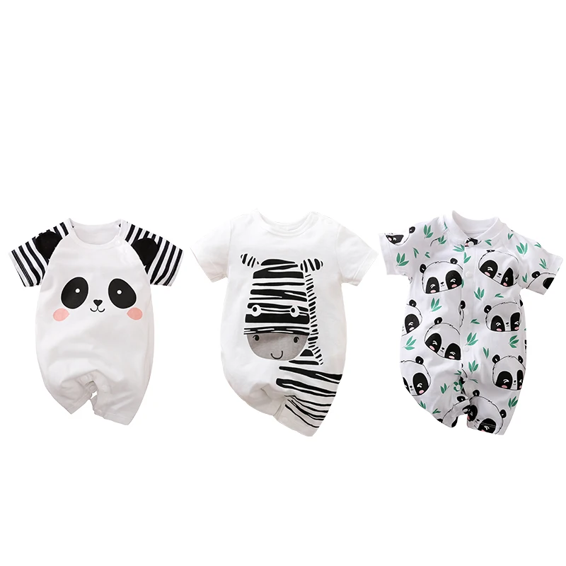Panda Zebra Print Short-Sleeve Newborn Baby Summer Clothes 100%Cotton Baby Boy Rompers Infant Baby Pajamas Wholesale