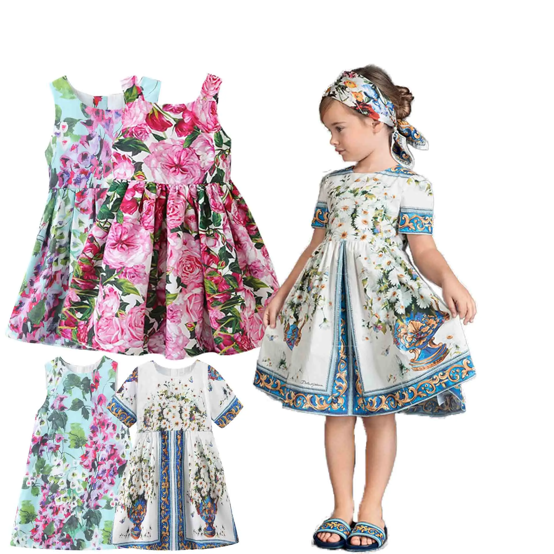 Design Kids Princess Fancy Dress Children Flower Girl Dresses Summer Flax Ball Gown Medium Sunny OEM Custom Colorful Girl Floral