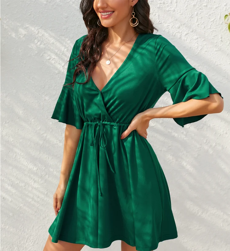 Green V-neck Short Ruffles Sleeve Beach Maxi Lady A-line Dresses Summer Pleated Sashes Loose Sexy Women Clothing Mini Dress