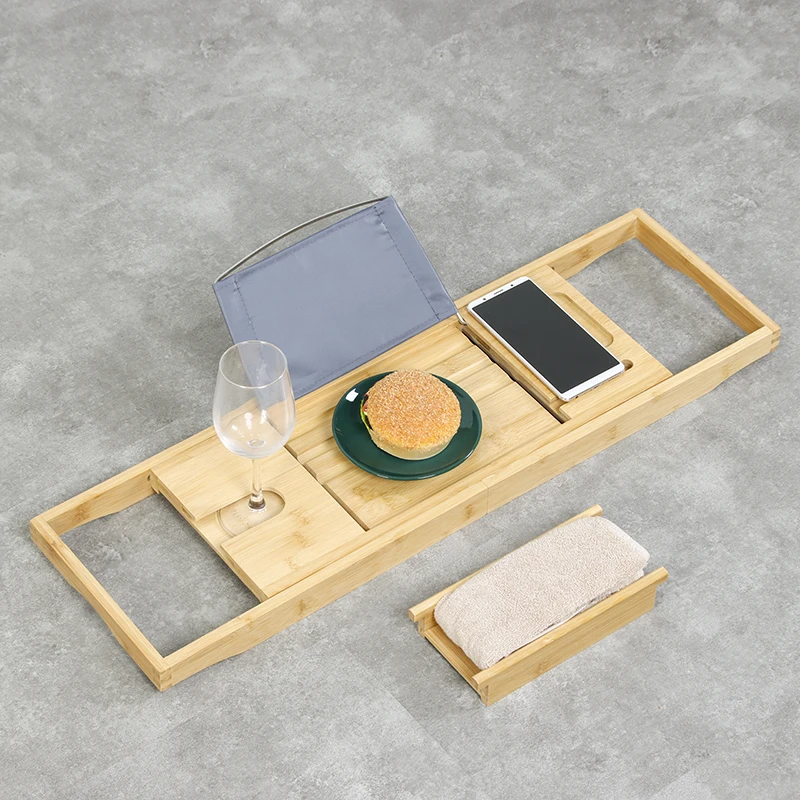 Expandable Bath Tray Table with 1 Sliding with Book Wine Phone Holder Tray for Tub Bath Accessories Bamboo Bathtub Caddy Tray