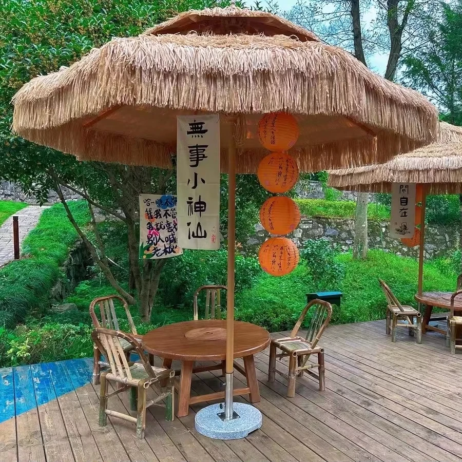 High Quality Backyard Beach Sun Protected Parasol Straw Double Top Thatch Wood Umbrella
