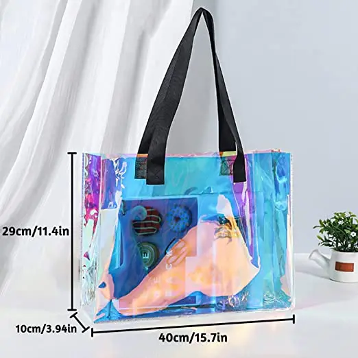 Fashion Iridescent  Handle Bags Capacity Promotional Custom Logo Size Holographic PVC Tote Bag