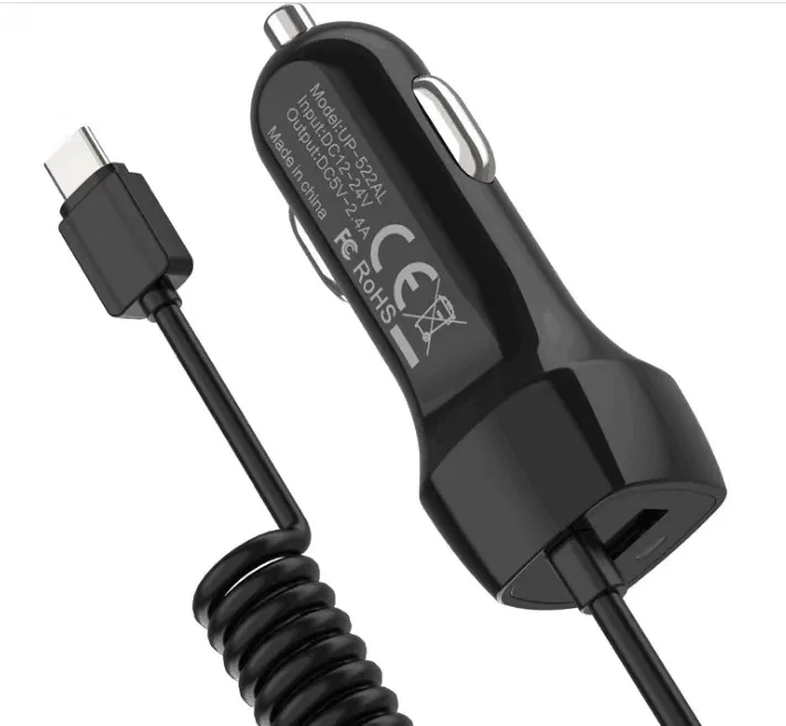 Phone USB C Car Charger Fast Charging  Port Car Adapter With 3ft Coiled Cable