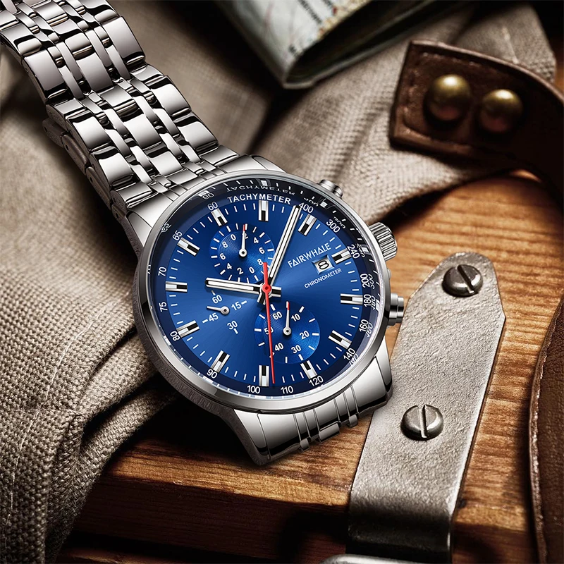 Fairwhale Men Classic Design Wrist Watch Luxury Chronograph Stainless Steel Strap Quartz Watch