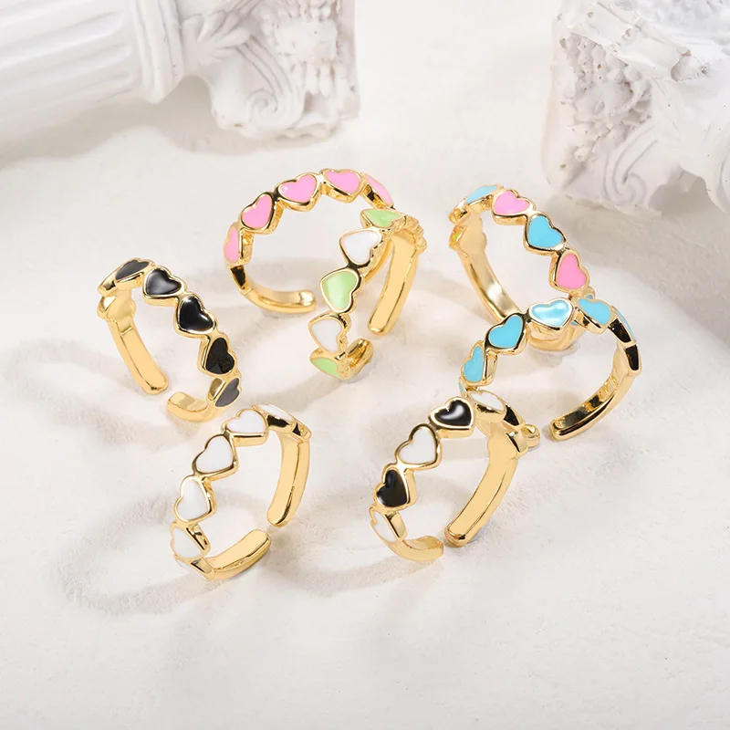 Simple Copper Gold Plated Colorful Enamel Love Heart Finger Ring Cute Drip Oil Heart Open Adjustable Rings For Women Girls