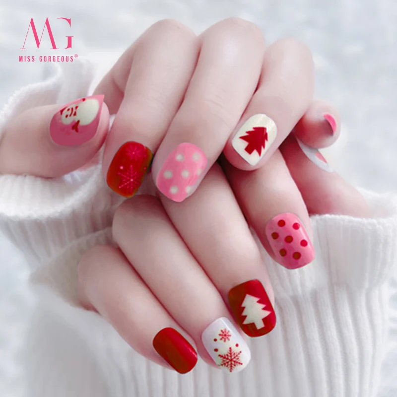 MISS GORGEOUS Oval Nail Tips Merry Christmas 24pcs Glitter High Quality ABS Private Label Custom Press On False Nail