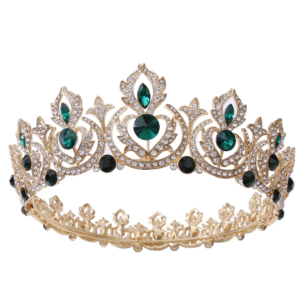 Fashion Full Round Gold Silver Tiara Green Crystal Golden Pageant Crowns Custom Made Tiara