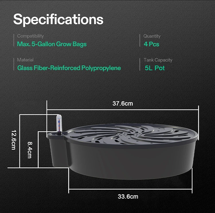 Outdoor Garden Self-Watering Fabric Pot Base PP Plastic Elevated Plant Saucers with Water Level Indicator for Indoor Grow Tents