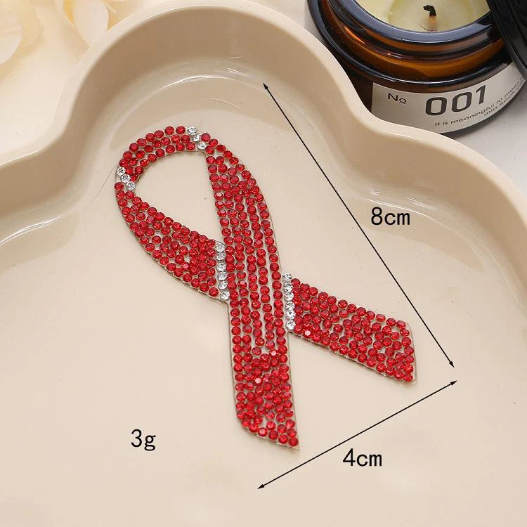 Wholesale self adhesive red pink bling crystal mental health patches glitter rhinestones cancer awareness ribbon patches for hat