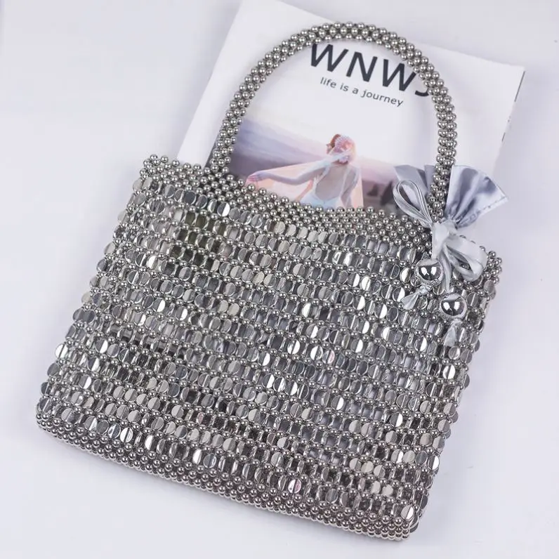 Wholesale Factory Silver Color  Bling Metallic Bead Criss-Cross Weave Square Shape Women Evening Bag Purse Handbag