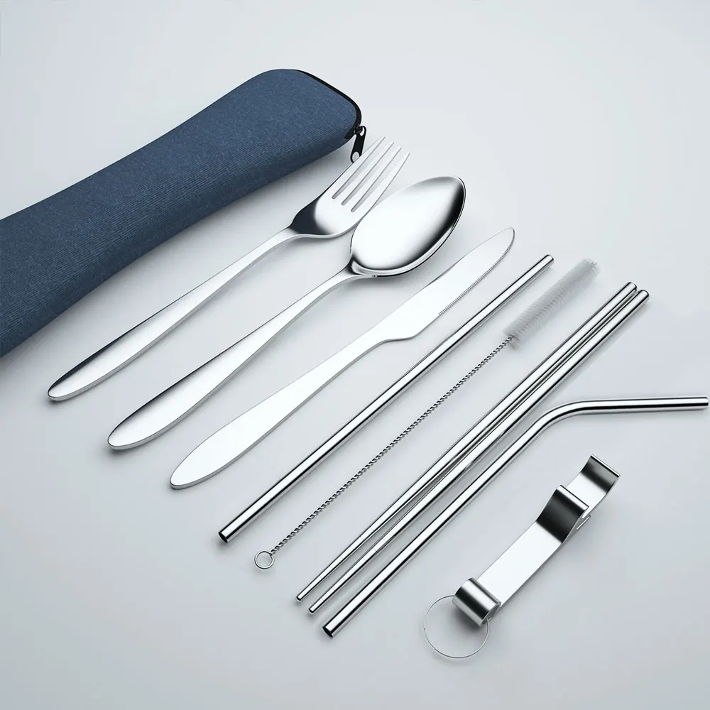  Travel Cutlery Set stainless steel spoon fork and chopsticks in a neoprene zip pouch comes with your