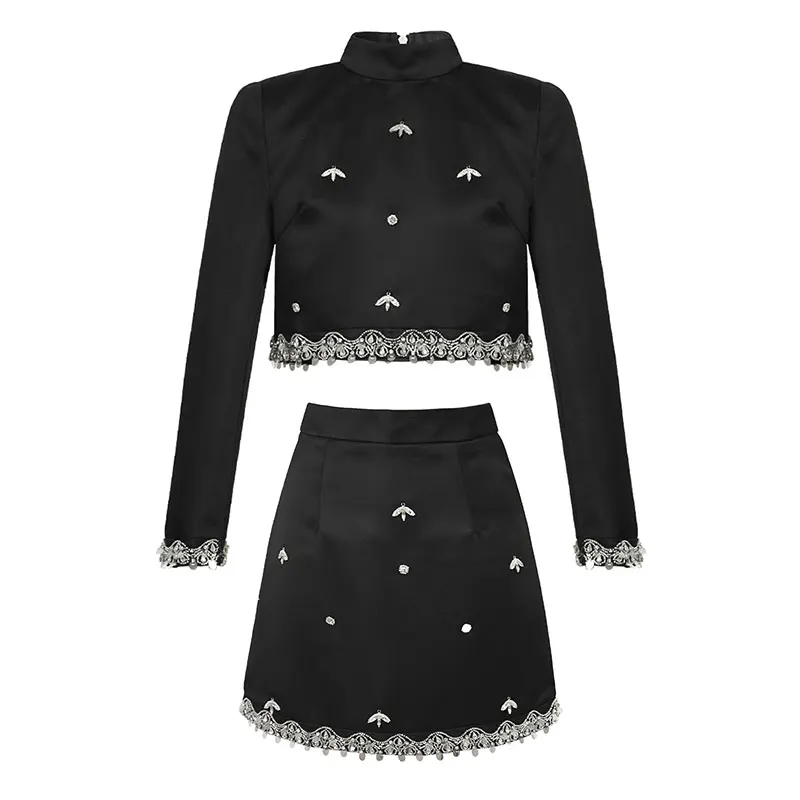 ZYHT New Casual 2 Piece Set Elegant For Women Crop Top Skirts Set Shiny Beading Black Solid Blouse and A-line Skirt Suit