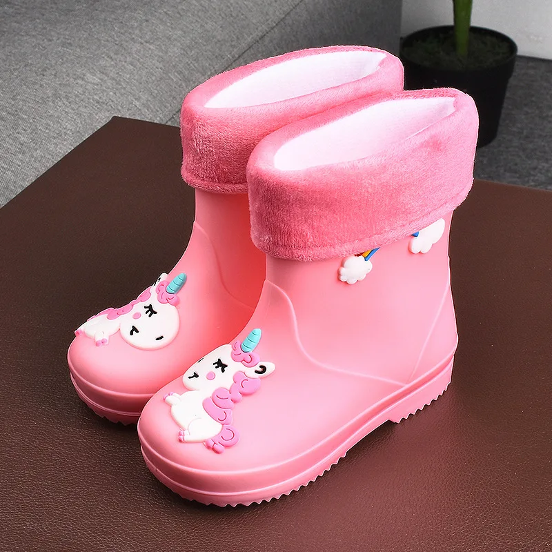 New Fashion Cute Kids Rain Boots Rubber PVC Warm Children Waterproof Shoes Cartoon Unicorn Removable Cotton Cover Non-slip