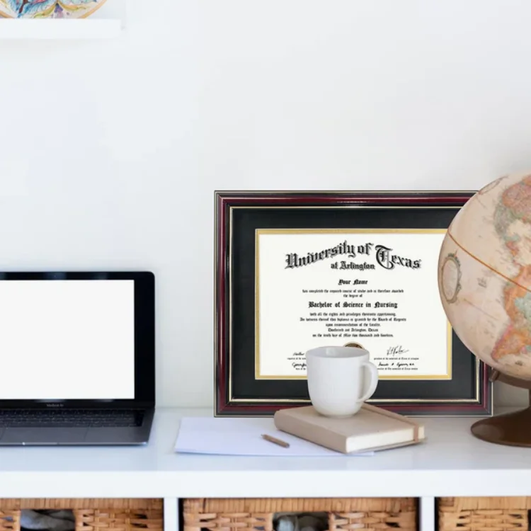 Mondon Cherry Document Frame with Double Gold Accents for Hanging Diplomas and Degrees