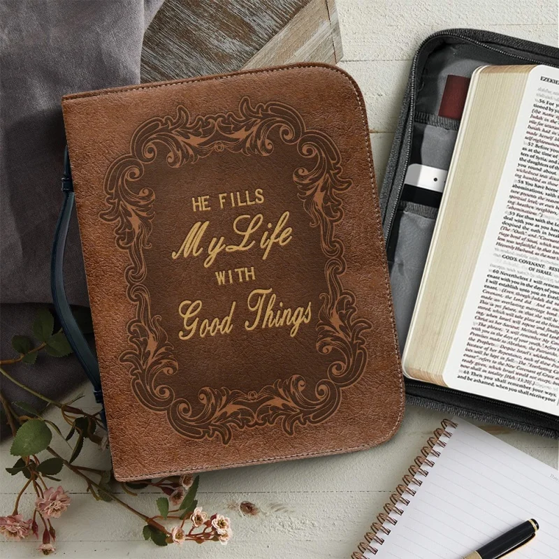 2024 Customized Leather Bible Cover with Zipper PU Bible Cover Bag Nice Bible Cover Handle Factory Directly Sale