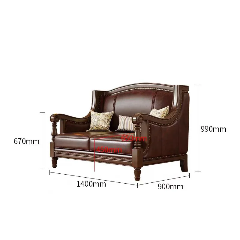 American pastoral style Classic Living Room Hotel Furnitures Wooden 4 Seater 1 2 3 Luxury genuine Leather Solid Wood Sofas Set