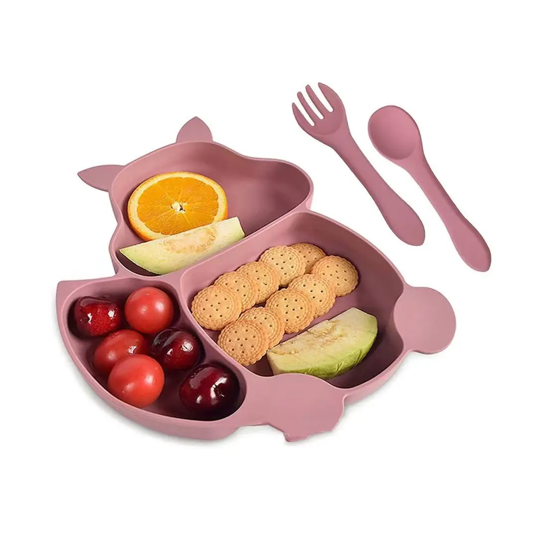 Silicone Baby  Suction Plate Sucker Animal  Plates with Forks and Spoons for Baby Feeding Products