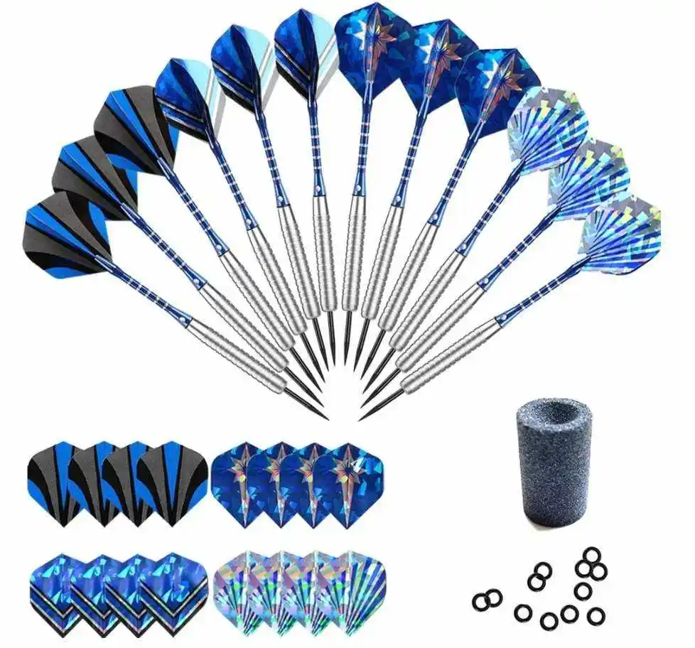 Steel Tip Darts Set 22 Grams with Aluminum Dart shafts And 12 Rubber O Rings+16 Extra Flights ,Silver and Blue