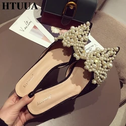 Luxury Slippers Women Designer Slides Ladies Brand Mules Shoes Women Dress Shoes Pointed Toe Heels Pearl Slippers