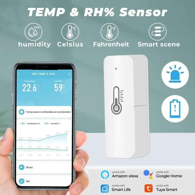 Tuya WiFi Temperature Humidity Smart Sensor Battery Power APP Monitor Sensor with Alexa Google Home Voice Control Sensor