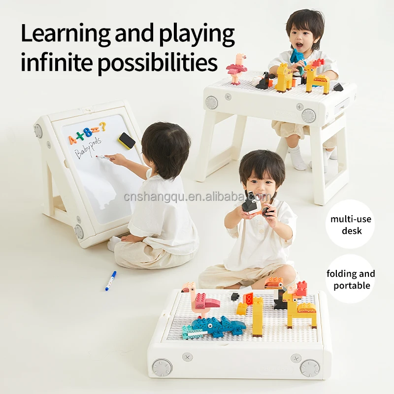 multi-functional educational activity kids plastic drawing folding building block table and chair set
