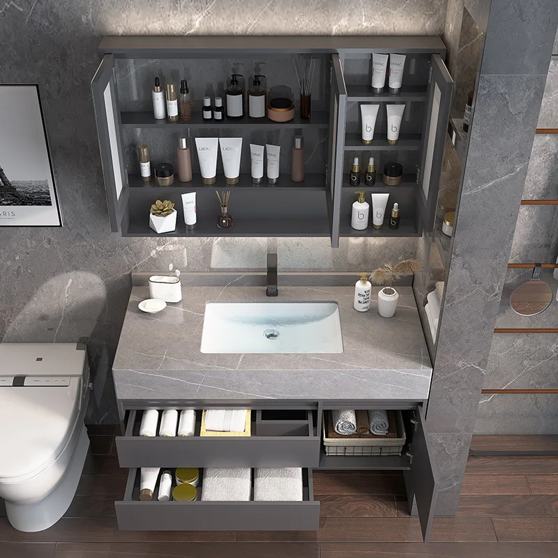 Wall Mounted White Ceramic Basin Rectangle Led Mirror Light Bathroom Sets Cabinets Modern Luxury Bathroom Vanity With Sink