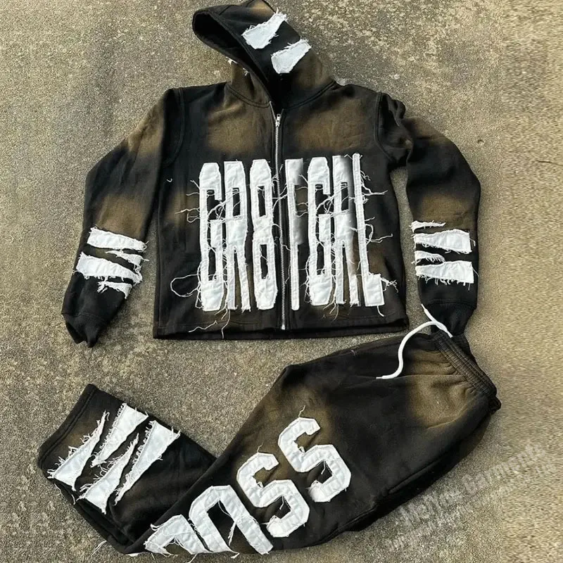 Custom Applique Embroidered Patchwork Logo Jogging 2 Piece Set Distressed Hoodies Track Suit Blank Designer Tracksuits For Men