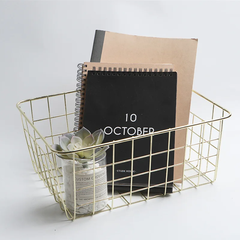 Nordic Rose Gold Silver Metal Storage Basket Office Kitchen Cosmetic Organizer Bathroom Iron Basket