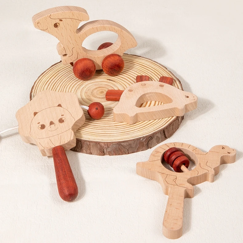 Infant Developmental Montessori Interesting Infant Wooden Hand Sensory Rattles Set Babe Rattle Toy