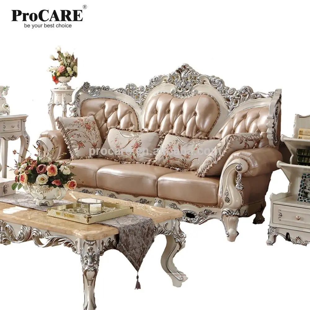 European Luxury French Baroque Style Royal Living Room Furniture Set Golden Sofas Palace Wooden Hand Carved Leather Sofa Set