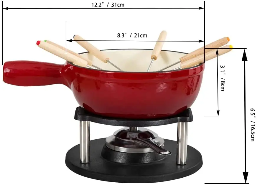 11-Piece Enameled Cast Iron Fondue Set Cheese or Chocolate Fondue Pot with Fondue Pot, Burner and Base Forks 1.1 Quart Capacity