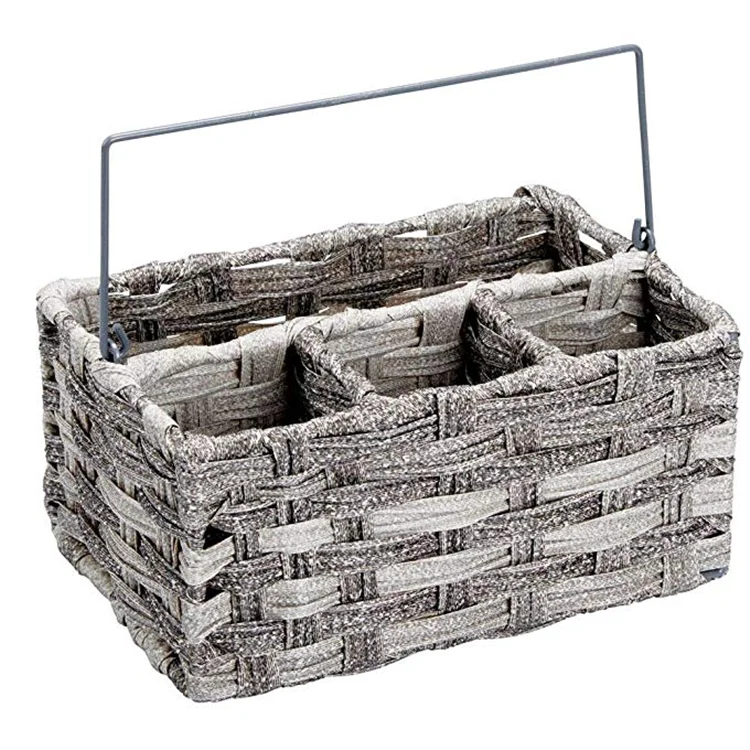 Outdoor use woven cutlery storage organizer plastic rattan basket picnic