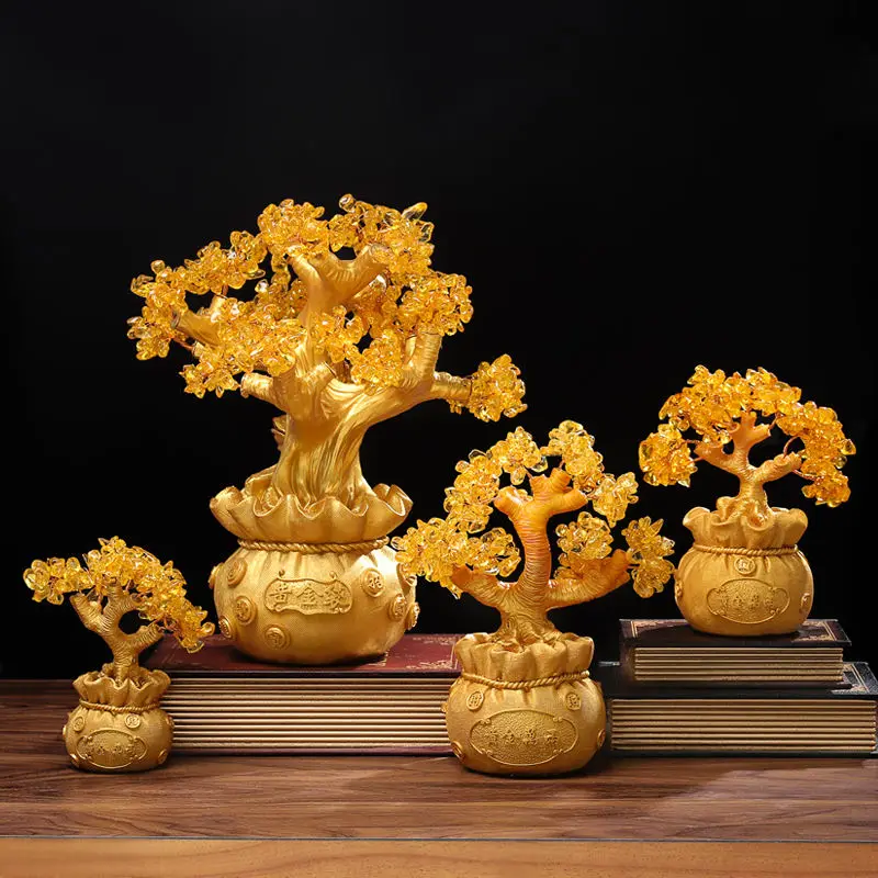 Wholesale creative Chinese style Chinatown golden luxury decoration Citrine Oak tree resin crafts Home Feng Shui ornaments