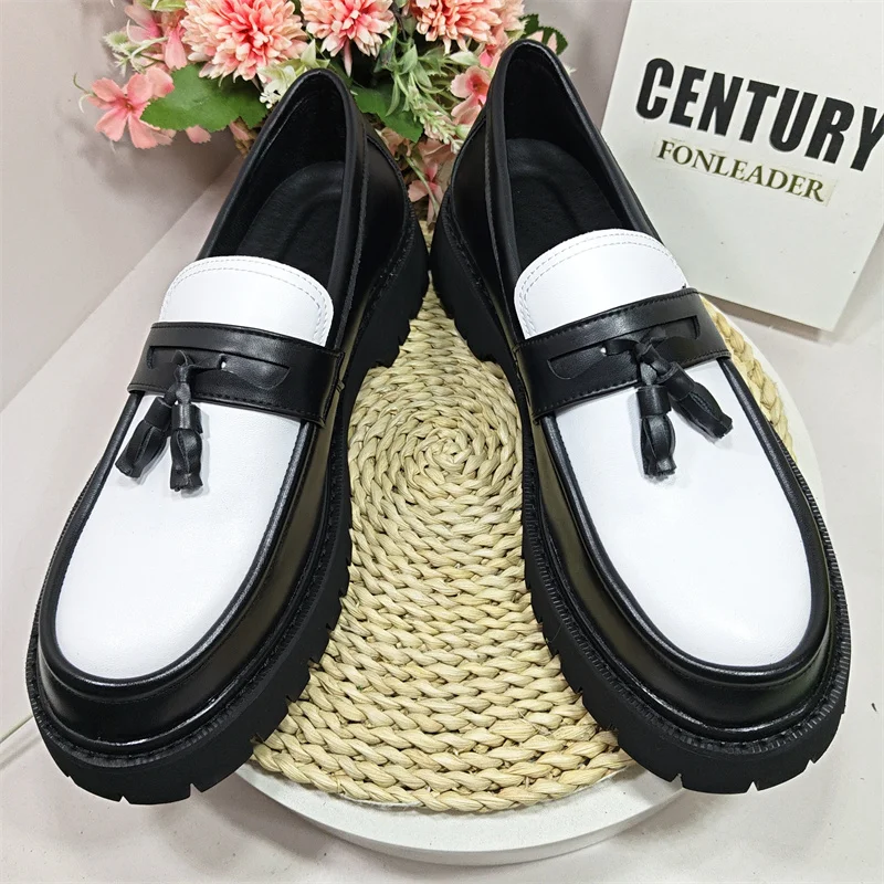 Height Increasing Thick Sole Black+White Comfortable Dress Shoes Round Toe Classic Wedding Tassel Loafers Shoes for Men