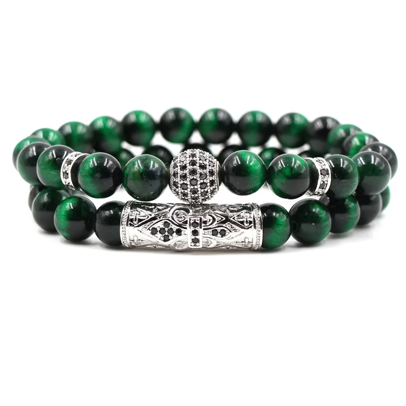 Fashion Green Blue Tiger Eye Stone Bracelet Charms Micro Pave CZ Round Ball Couple Bracelet For Gift