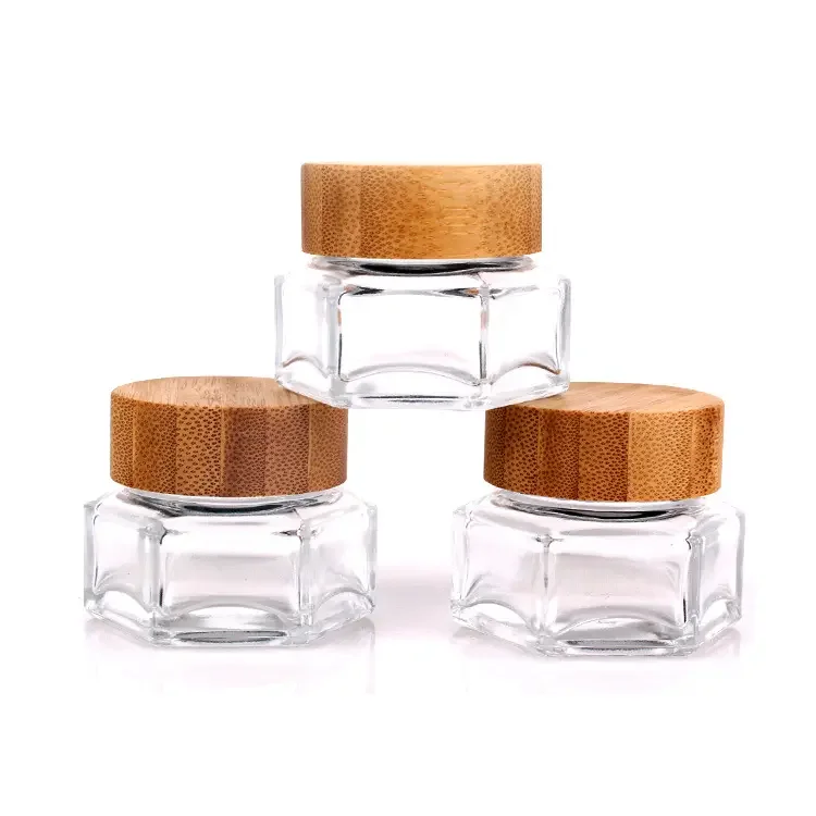 Round lid face cream container hexagonal luxury glass 30g cosmetic jar with bamboo screws