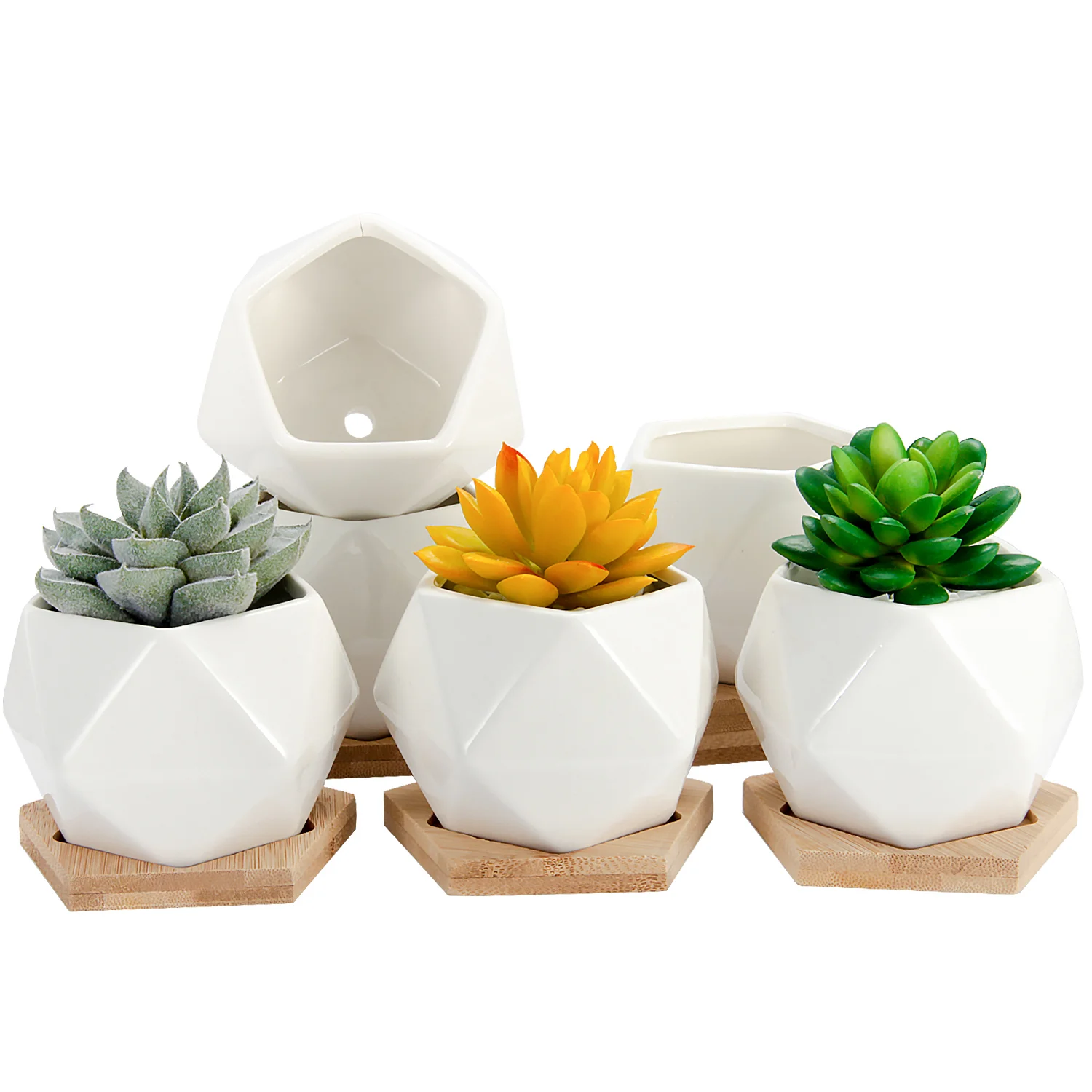Succulent Flower Pot ceramic indoor plant pots Mini Flower planter Simple Design with Bamboo Tray for Cactus, Herbs, Home