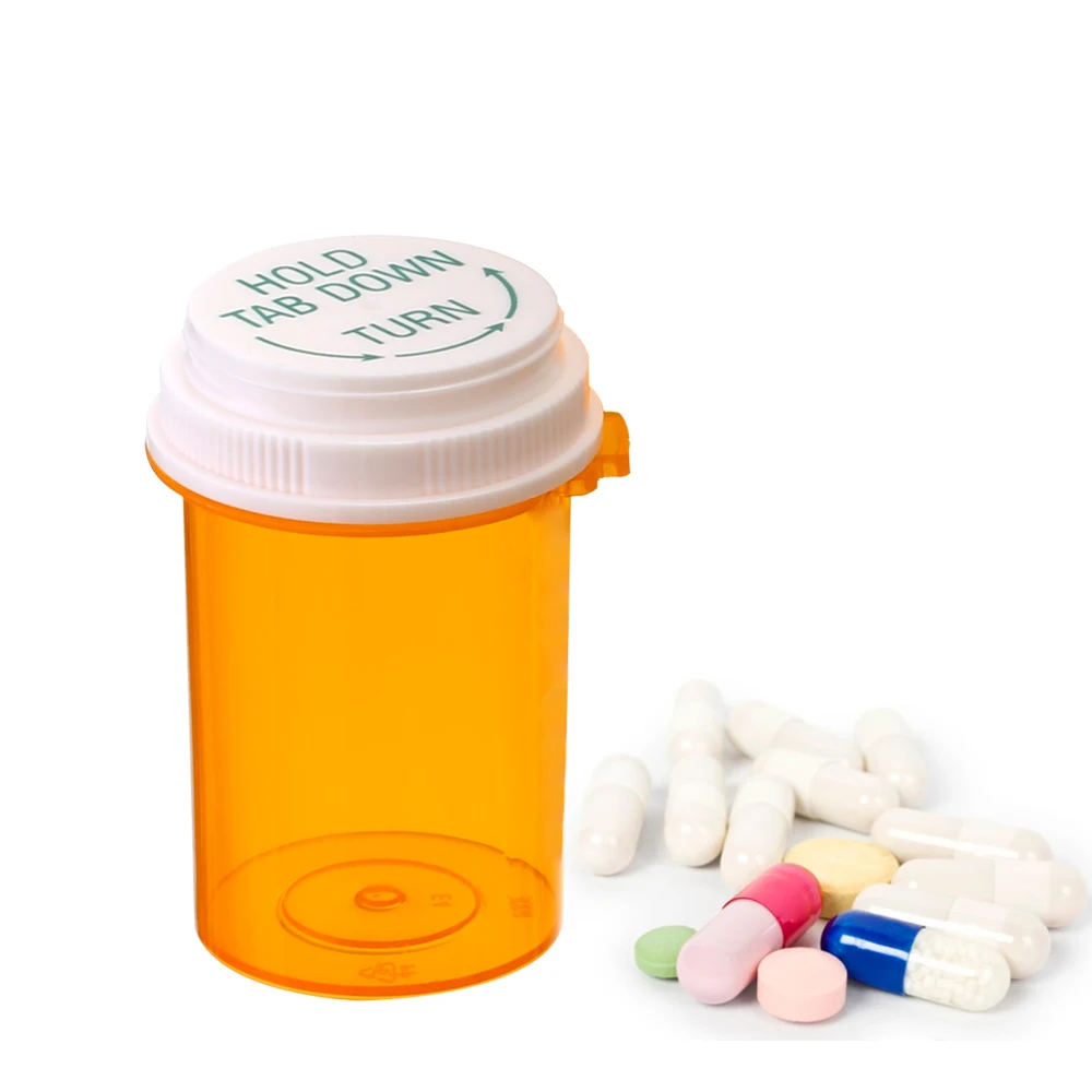Pharmacy Touch Down Cap Vial Plastic Amber Thumb Tab Vials Reversible Push Down Bottle