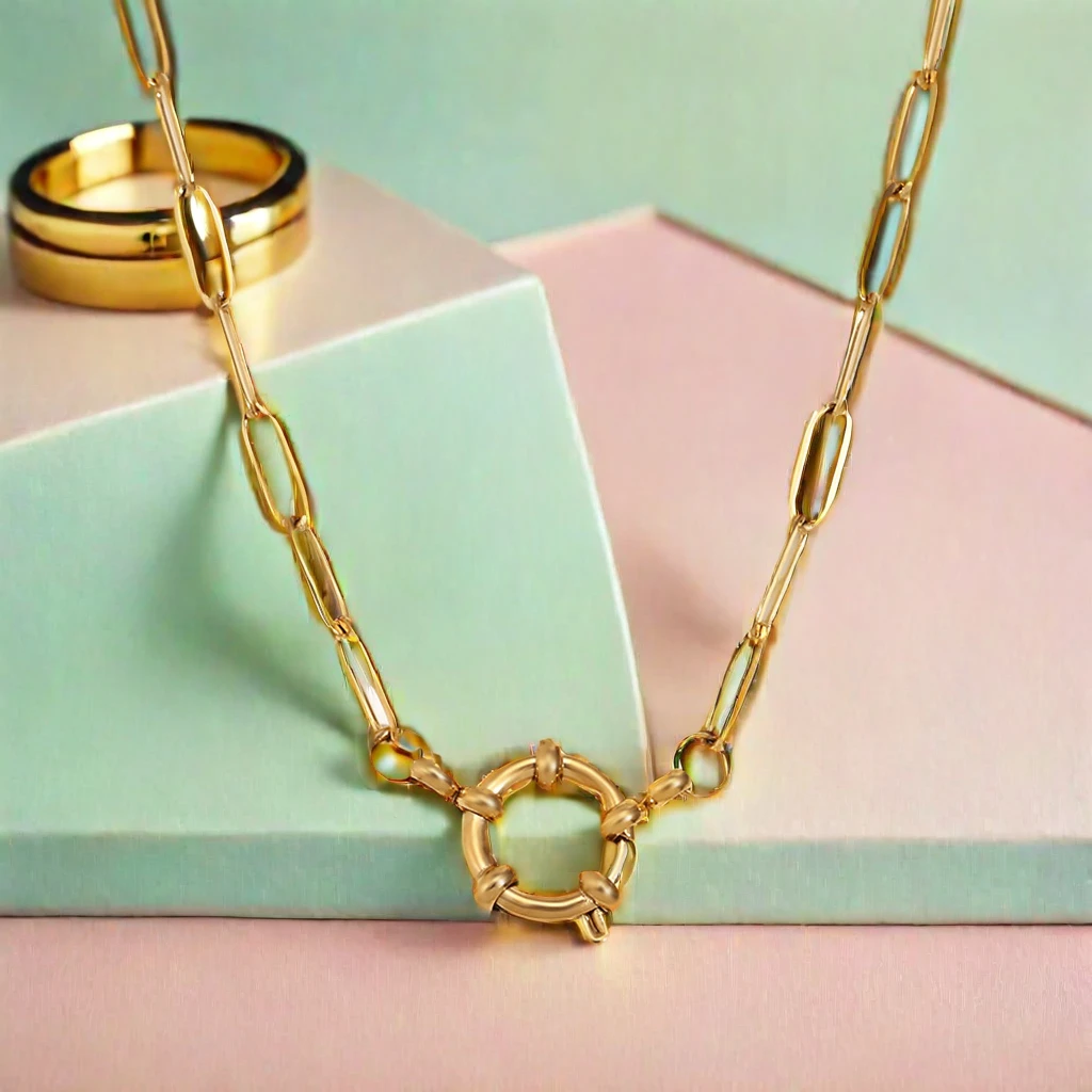 Custom Jewelry Stainless Steel 18K Gold  Plated Paper Clip Chain with Spring Buckle Pendant Necklace